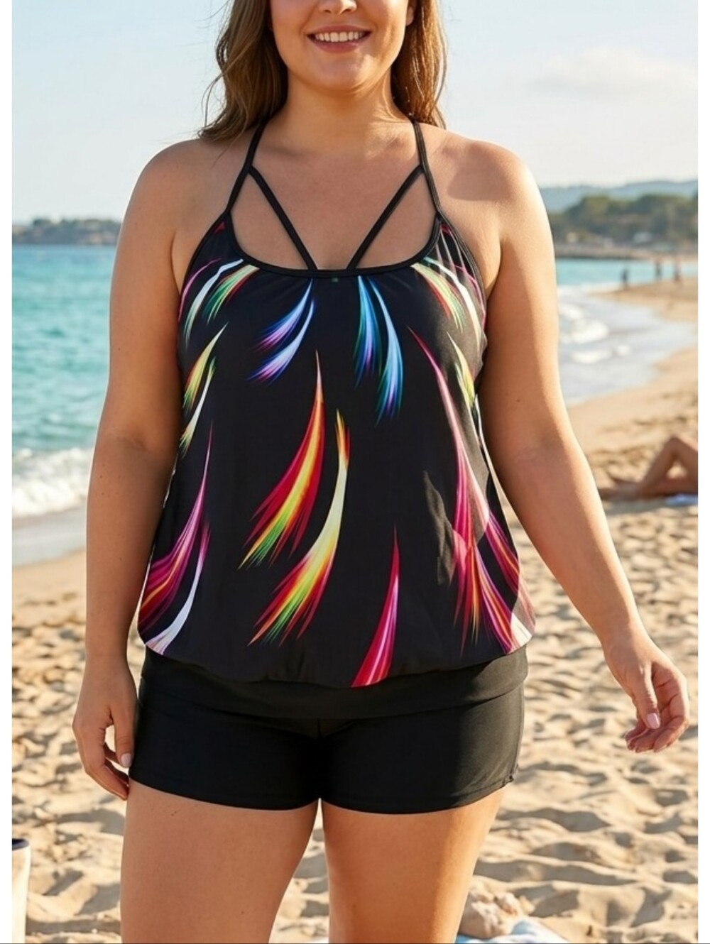 Plus Size Blouson Tankini Top Black Size 3X